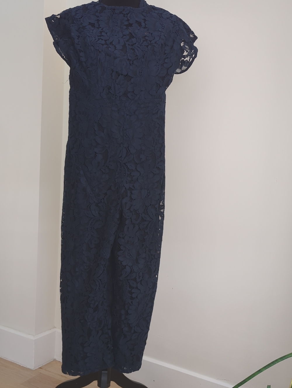 Donna Ricco Navy Blue Lace Jumpsuit Flutter Sleeve Crop Wide-Leg SIZE 10 - Picture 5 of 10